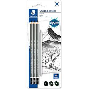 Staedtler Mars Lumograph Charcoal Pencils, Blister Pack of 3 Drawing Pencils (H, M, S) + 1 Blending Stump