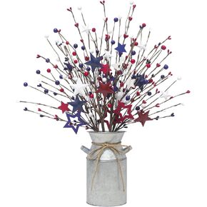 4 Pcs 4th of July Decorations Patriotic Artificial Berry Stems Picks with Vase Red White Blue Star Shaped Berries Picks for Independence Day Party Supplies Table Home Office Party Decor