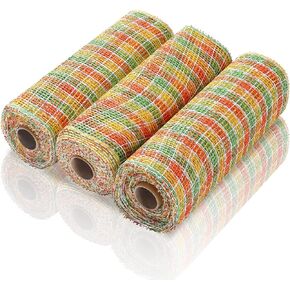 Chuangdi 3 Rolls Thanksgiving Poly Burlap Mesh 10 Inches Fall Mesh for Wreaths Thanksgiving Mesh Orange Yellow and Green Plaid Decorative Mesh Ribbon for Wreath Making Supplies