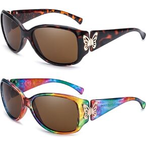 LVIOE 2 Pack Polarized Sunglasses for Women Trendy Oversized Wraparound Glasses Butterfly Decoration UV400 Protection LS2301