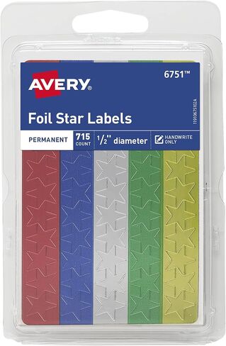 Avery Foil Stars, 1/2" Diameter, Assorted (Blue, Gold, Green, Red, Silver), Permanent, 715 Labels per Pack (6751) in Saudi Arabia