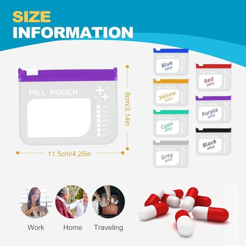 مجموعة أكياس حبوب الدواء القابلة لإعادة الاستخدام، منظمات حبوب الدواء بسحاب أسبوعيًا، حاوية حبوب سفر كبيرة، خالية من مادة BPA، أكياس بسحاب قابلة لإعادة الاستخدام مقاس 4.3 × 3.1 بوصة، أكياس طبية مرمزة بالألوان (7 ألوان متعددة) in Kuwait