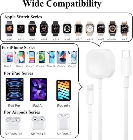 Charger Compatible with 2 in 1 Apple Watch Charger, Fast iPhone Charging Cable Magnetic iWatch Charger for Watch Series SE2/8/7/6/5/4/3/2/1, iPhone 14/13/12/11/XS/XR/X/8, iPad, AirPods (USB C) in Saudi Arabia