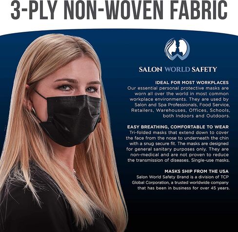 TCP Global Salon World Safety - أقنعة الوجه الآمنة السوداء، معدات الوقاية الشخصية المكونة من 3 طبقات يمكن التخلص منها in Kuwait