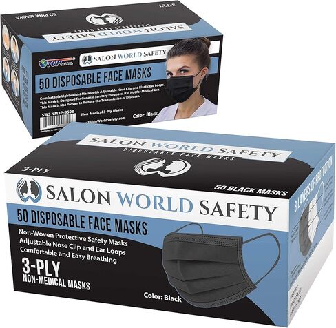 TCP Global Salon World Safety - أقنعة الوجه الآمنة السوداء، معدات الوقاية الشخصية المكونة من 3 طبقات يمكن التخلص منها in Kuwait