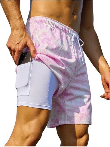 WDIRARA Men's Tropical Print Drawstring Shorts Swim Trunks with Compression Liner in Saudi Arabia