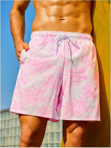 WDIRARA Men's Tropical Print Drawstring Shorts Swim Trunks with Compression Liner in Saudi Arabia