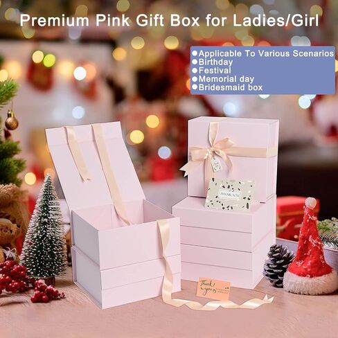 Pink Gift Box, 11x8x4 Inches Large Gift Boxes with Magnetic Closure Lid, Card/Ribbon for Birthday Party, Holiday, Mother's Day, Bridesmaid Proposal, Bridal Gifts, Weddings in Saudi Arabia