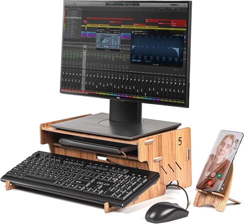 Omhuzsyo 2-Tier Wood Monitor Stand with Storage, Desktop Ergonomic Riser with Cellphone Holder and Tilt keyboard stand，suitable for lifting desk monitors, desktop computer, laptops in Kuwait