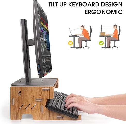Omhuzsyo 2-Tier Wood Monitor Stand with Storage, Desktop Ergonomic Riser with Cellphone Holder and Tilt keyboard stand，suitable for lifting desk monitors, desktop computer, laptops in Kuwait
