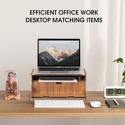 Omhuzsyo 2-Tier Wood Monitor Stand with Storage, Desktop Ergonomic Riser with Cellphone Holder and Tilt keyboard stand，suitable for lifting desk monitors, desktop computer, laptops in Kuwait