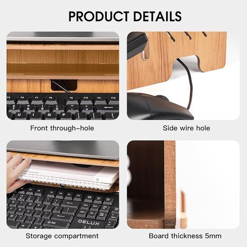 Omhuzsyo 2-Tier Wood Monitor Stand with Storage, Desktop Ergonomic Riser with Cellphone Holder and Tilt keyboard stand，suitable for lifting desk monitors, desktop computer, laptops in Kuwait