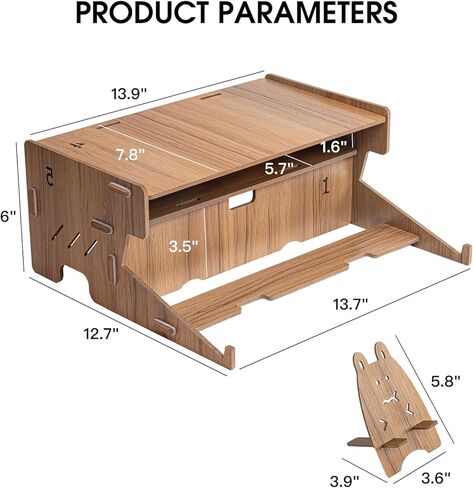 Omhuzsyo 2-Tier Wood Monitor Stand with Storage, Desktop Ergonomic Riser with Cellphone Holder and Tilt keyboard stand，suitable for lifting desk monitors, desktop computer, laptops in Kuwait