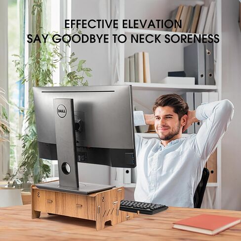 Omhuzsyo 2-Tier Wood Monitor Stand with Storage, Desktop Ergonomic Riser with Cellphone Holder and Tilt keyboard stand，suitable for lifting desk monitors, desktop computer, laptops in Kuwait