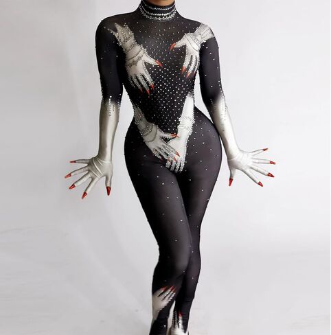 حجر الراين الأيدي المطبوعة بذلة أحمر أبيض أسود قفازات مثير أداء المغني دي جي نادي حفلة عيد ميلاد عرض المرحلة in Kuwait