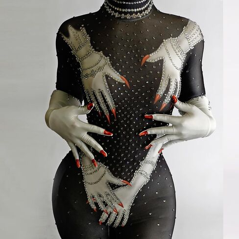 حجر الراين الأيدي المطبوعة بذلة أحمر أبيض أسود قفازات مثير أداء المغني دي جي نادي حفلة عيد ميلاد عرض المرحلة in Kuwait