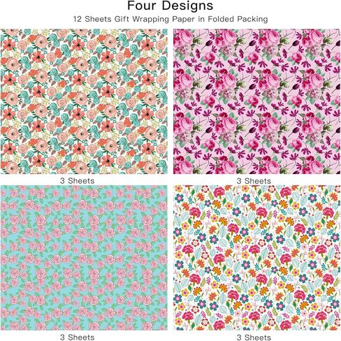 WRAPAHOLIC Mother's Day Wrapping Paper Sheet - 12 Sheets Floral Design Folded Flat with 12 Gift Tags for Party - 19.7 Inch X 27.5 Inch Per Sheet in Saudi Arabia