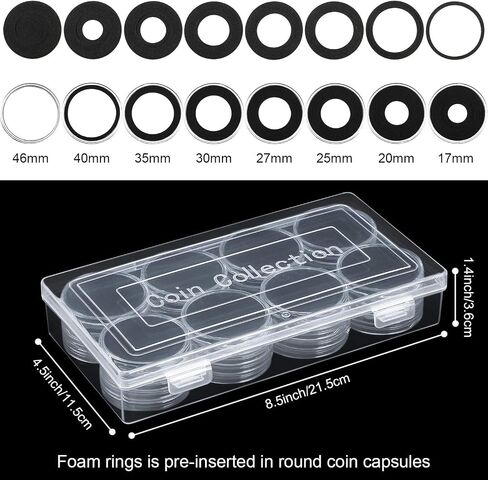 46mm Coin Capsules 8 Sizes (17/20/25/27/30/35/40/46mm) Black Protect Gasket Inside Coin Holder Case with Storage Organizer Box for Collectors Coin Collection Supplies (40) in Saudi Arabia