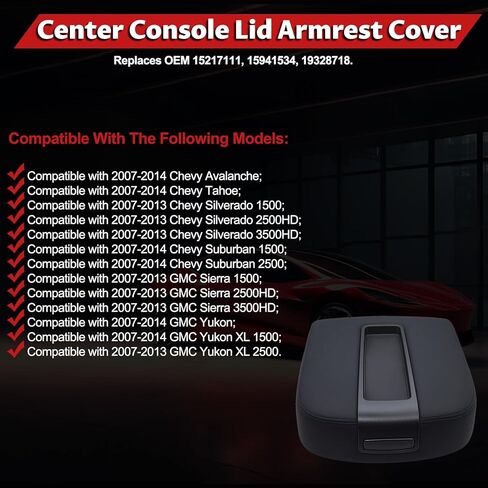 استبدال غطاء مسند الذراع لوحدة التحكم المركزية من Geloo لسيارة 2007-2013 Chevy Silverado/Tahoe/Suburban/Avalanche، GMC Sierra/Yukon/Yukon XL غطاء وحدة التحكم المركزية لراحة الذراع يستبدل 15217111 (أسود) in Kuwait