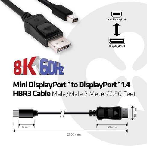 Club 3D CAC-1115 منفذ عرض صغير معتمد من VESA إلى DisplayPort ثنائي الاتجاه 1.4/Hbr3 M/M كابل DP 1.4 8K 60 هرتز 2 متر - 6,56 قدم in Saudi Arabia