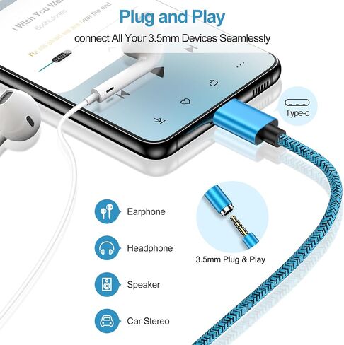 محول مقبس سماعة الرأس USB من النوع C إلى 3.5 مم لهاتف Samsung Galaxy S24 Ultra S23 FE S22 S21 A15 A55 A54 A14 A35 A25 A13 A32 A52، iPhone 15 Pro Max/Pro/15 Plus/15، 2 حزمة سلك دونجل ستيريو للسيارة 3.3FT in Saudi Arabia