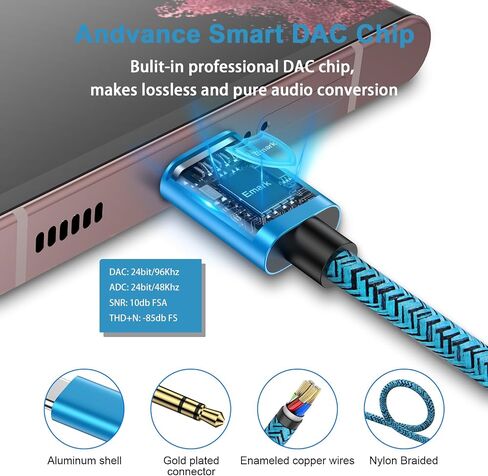 محول مقبس سماعة الرأس USB من النوع C إلى 3.5 مم لهاتف Samsung Galaxy S24 Ultra S23 FE S22 S21 A15 A55 A54 A14 A35 A25 A13 A32 A52، iPhone 15 Pro Max/Pro/15 Plus/15، 2 حزمة سلك دونجل ستيريو للسيارة 3.3FT in Saudi Arabia