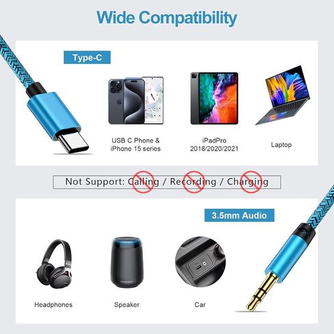 محول مقبس سماعة الرأس USB من النوع C إلى 3.5 مم لهاتف Samsung Galaxy S24 Ultra S23 FE S22 S21 A15 A55 A54 A14 A35 A25 A13 A32 A52، iPhone 15 Pro Max/Pro/15 Plus/15، 2 حزمة سلك دونجل ستيريو للسيارة 3.3FT in Saudi Arabia