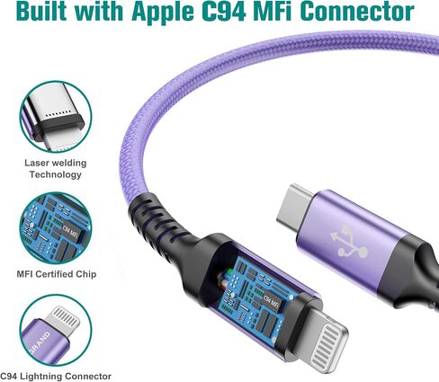 كابل USB-C إلى Lightning مجدول معتمد من Apple C94 MFi لأجهزة iPhone 14/13/12/11 Pro Pro Max Plus Mini، SE XS Max XR X، 8/7/6 Plus، iPad، AirPods، 6 أقدام أرجواني in Saudi Arabia