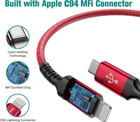 كابل USB-C إلى Lightning مجدول معتمد من Apple C94 MFi لأجهزة iPhone 14/13/12/11 Pro Pro Max Plus Mini، SE XS Max XR X، 8/7/6 Plus، iPad، AirPods، 6 أقدام أرجواني in Saudi Arabia