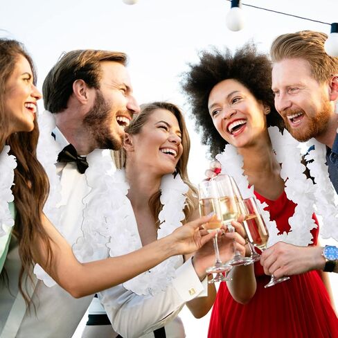 48 قطعة من الزهور البيضاء من Lei لحفلات الزفاف البلاستيكية ذات الزهور البيضاء من Leis Luau Hawaiian Beach Wedding Hawaiian Garland Necklace Luau إكسسوارات الملابس لحفلات الزفاف in Saudi Arabia