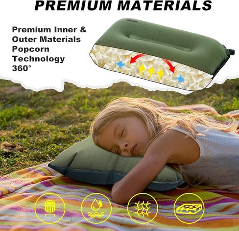 Inflatable Camping Pillow for Sleeping - Self Inflating Ultralight Backpacking Pillow Travel Camp Pillow Blow Up Air Pillow for Neck Lumbar Support with Carry Bag for Hiking Outdoor in Kuwait