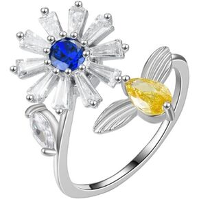 HSQYJ Adjustable Crystal Zircon Sun Flower Cocktail Weding Ring Rings Rhinestone Floral Stacking Statement Rings Uniquely Stylish Fashion Creative Jewelry for Women Girl Rose Gold Silver Plated