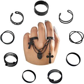 Gothic Cross Chain Finger Rings for Women Men.10Pcs Black Knuckle Rings Set Stackable EMO Rings Punk Midi Ring Fashion Jewelry Gifts for Girls