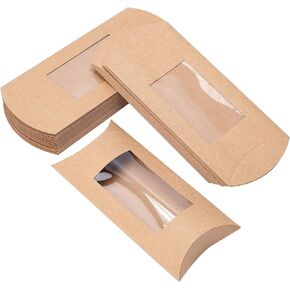 BENECREAT 30pcs 7.3x3x1 Inches Brown Kraft Paper Pillow Boxes with Clear Window, Candy Packaging Box Treat Box for Birthday Wedding Party