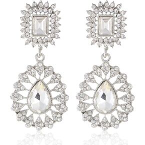 Vintage Cubic Zirconia Rhinestone Dangle Earrings Geometric Square Teardrop Crystal Wedding Bridal Party Prom Christmas Costume Drop Earrings for Women Girls