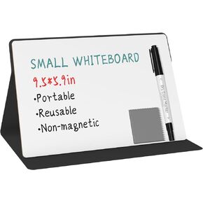 Portable Small White Board,Reusable Dry Erase Board with Stand,Desktop Whiteboard for Office Meeting Bussiness Home 9" x 6" with marker, wipe cloth (Black)