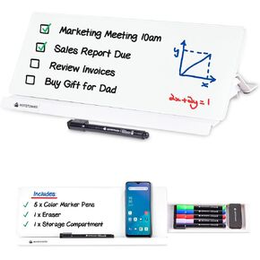 Note Tower Desktop Whiteboard | Dry Erase Glass Board for Desk | Memo Notepad, Phone & Tablet Stand | Desk Buddy Organizer Accessories Storage for Office, Home, School Supplies