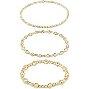 Pingyongchang Gold Beaded Bracelets for Women 14K Gold Plated Stackable Bracelets Stretch Bead Ball Bracelet Set for Women Girls Teen Girls 3MM 4MM 6MM 8MM Beads Jewelry