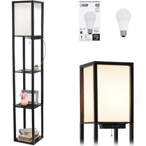 Simple Designs LF1037-LPK Floor Lamp Etagere Organizer Storage Shelf with 2 USB Charging Ports, 1 Charging Outlet and Linen Shade, Light Pink