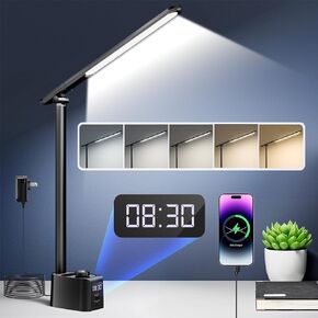 Desk Lamp,55 Lighting Modes Desk Light,700 Lumen LED Desk Lamp with USB Charging Port,Office Desk Lamp with Clock+Pen Holder,Desk Lamps for Home Office,Dorm Lamp for Desk Lamp for College Dorm Room