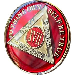 17 Year AA Medallion Mandarin Red Tri-Plate Serenity Prayer Sobriety Chip