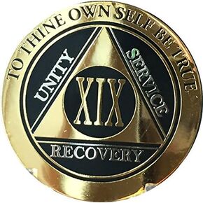 RecoveryChip 19 Year AA Medallion Elegant Black Gold Silver Bi-Plated Alcoholics Anonymous Chip