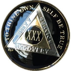 30 Year Classic Black AA Alcoholics Anonymous Medallion Chip Tri Plate Gold & Nickel Plated Serenity Prayer