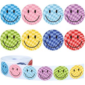 Whaline 1000Pcs Checkered Smile Face Stickers Roll Happy Face Decal Stickers Colorful Round Label Stickers Reward Adhesive Stickers for School Teachers Students Rewards Party Favor Supply