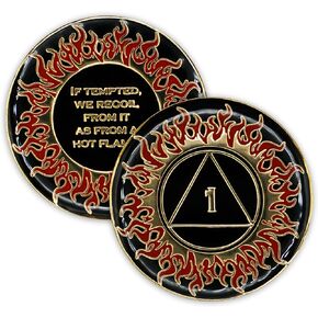 1 Year Sobriety Coin | Flames AA Chip Medallion Recovery Gift Anniversary Token with Alcoholics Anonymous 10th Step Promise Affirmation