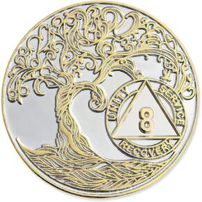 10 Year XL 40mm Nickel & Gold Plated AA Coin - Sobriety Mint Twisted Tree of Life Recovery Medallion/Chip - Silver/Gold