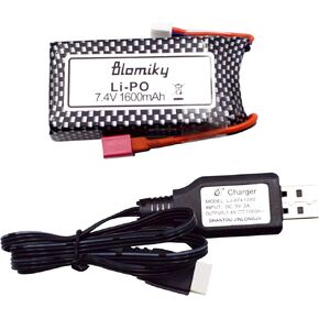Blomiky 1 Pack 11.84Wh 7.4V 1600mAh T Connector Plug Li-Po Battery and USB Cable for 9125 1/10 Scale 4X4 48KMH 4X4 Fast RC Truck Cars 25-DJ02 9125 Battery 1