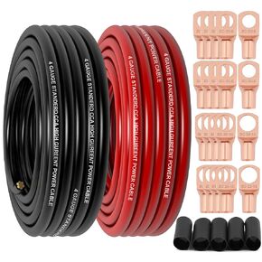 4 Gauge Wire (50FT Black+50FT Red) Copper Clad Aluminum CCA,10 pcs SC25-10 lugs,10 pcs SC25-8 lugs,20 pcs 3:1 Heat Shrink Tubes,Primary Automotive Wire,Car Amplifier Power&Ground Cable.