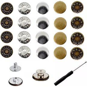 20 Sets Jeans Buttons Replacement, Upgraded 17mm Instant Buttons for Loose Jeans Metal Adjustable Buttons No Sew Extend or Reduce Pants Removable Button Kits to Make Smaller Silver
