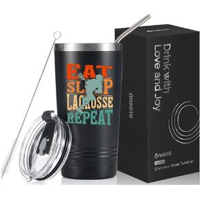 Onebttl Lacrosse Gifts for Teen Boys, College Students, Men, 20oz Travel Tumbler with Stainless Straw for Men, Black (Eat, Sleep, Lacrosse, Repeat)